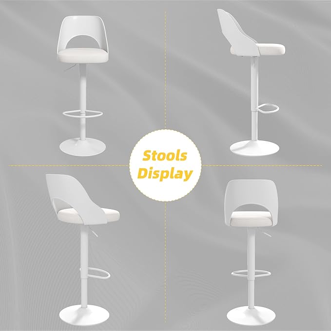 civama Bar Stools Set of 1 for Kitchen Counter, Seat Height Adjustable 25''-33'', Modern Upholstered Swivel Island Chairs with Hollow Backrest Metal Base, White Cotton Linen Fabric with White Base