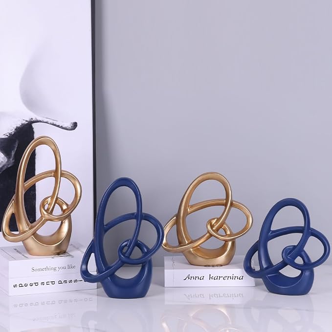 QIANLING Gold Knot Statue Decor - Modern Sculptures Home Decor, Resin Abstract Decor Art Accent,Blue Centerpieces for Living Room, Bedroom, Bathroom, Office, Shelf, Mantel - Wedding, Coffee Table