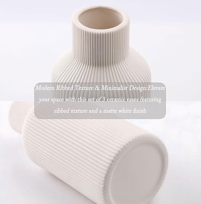Ceramic Vase Set of 3, Decorative Vases Home Decor Modern Minimalist Pottery Vases for Bouquet Pampas Grass Dried Fresh Flowers, Bookshelf, Living Room, Shelf, Bedroom, Entryway Mantel Decor-White