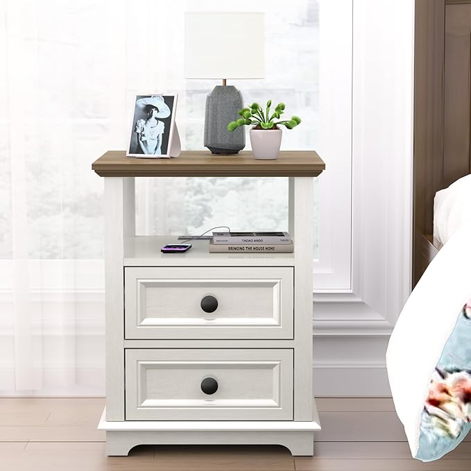 End Table with Fast USB C Charging Station, 18" Wide Tall Sofa Side Table with 2 Drawers, Large Storage Rustic Wood Square Storage Cabinet for Living Room,Bedroom,Office, White