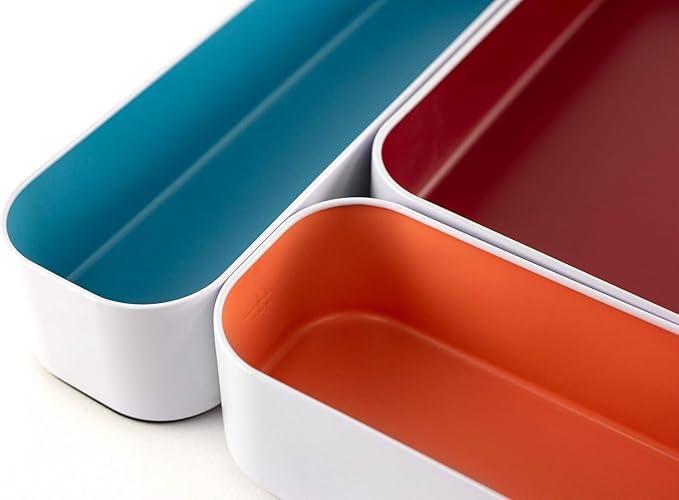 Three by Three Seattle 5 Piece Metal Organizer Tray Set for Storing Makeup, Stationery, Utensils, and More in Office Desk, Kitchen and Bathroom Drawers (2 Inch, Assorted Blue Berry and Sunset)
