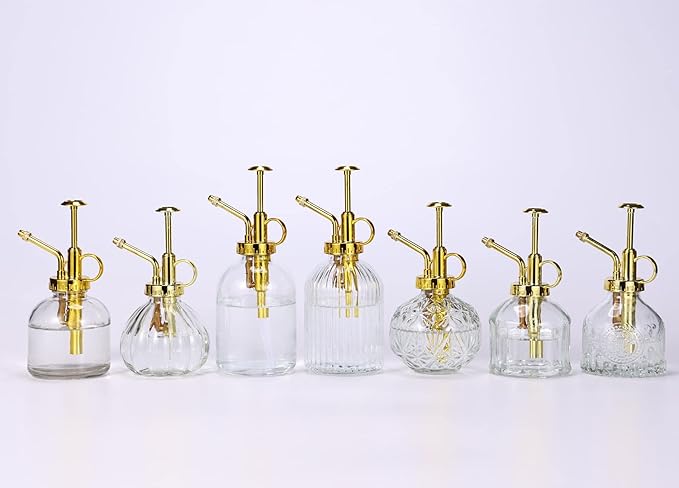 Glass Plant Mister Spray Bottle, 6.5" Clear Glass Water Spray Bottle with Gold Top Pump Small Watering Can, Small Plant Sprayer Mister for Indoor Outdoor House(Clear+Gold E)