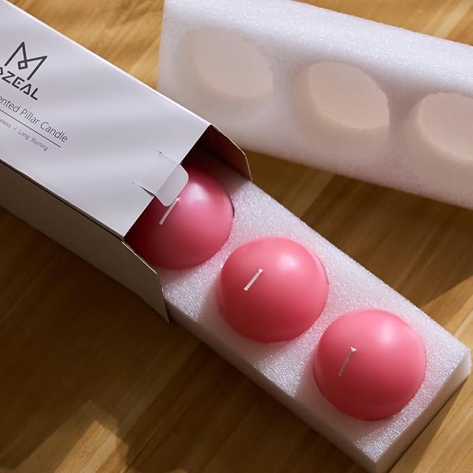 MOZEAL Hand-Poured, 3 Inch Pink Round Ball Candles - Elegant Pink Round Pillar Candles Set of 3, Dripless, Unscented, Smokeless, Ideal for Baby Showers and Valentine's Day.