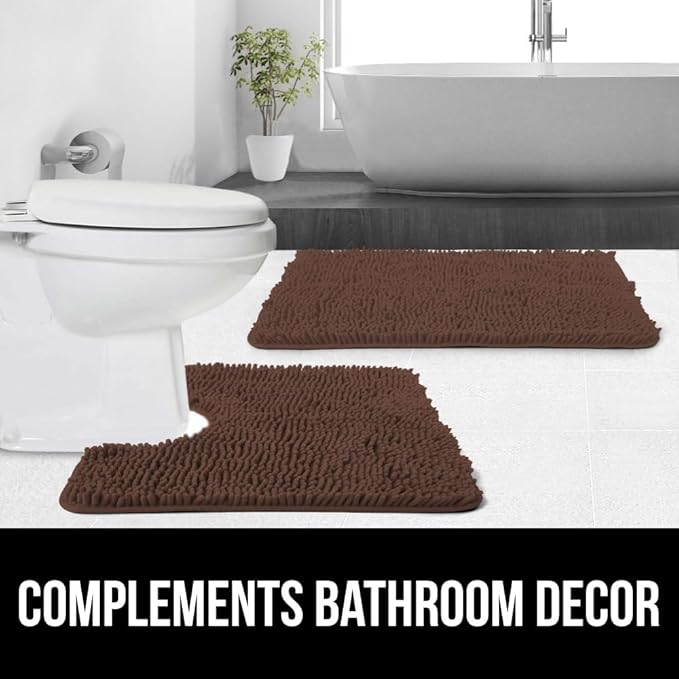 GORILLA GRIP Plush Absorbent Shaggy Chenille Bath Rug Mat for Square Toilet Base with Rubber Backing, Machine Washable Rugs, Soft Microfiber Contour Mats for Toilets, Bathroom Decor, Brown