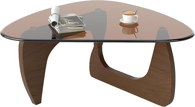 Modern Glass Coffee Table, Triangle Center Table with Tempered Glass Top& Unique Wooden Base, 42.5” Mid Century Tea Tables for Living Room, Apartment, Office,Walnut & Brown