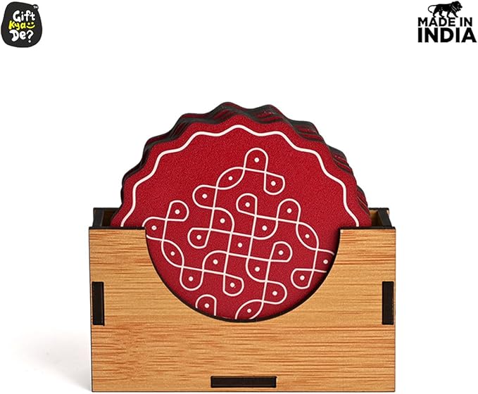 GKD Wooden Coasters for Drinks, Coasters Set of 6 with Holder, 3.5 inches Eco-Friendly Absorbent Coaster for Coffee Table, Bar, Drinking Glasses, Tabletop Protection (1, Fine Art Red)