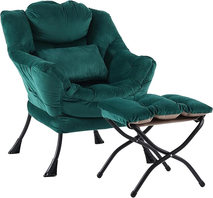 Lazy Chair with Ottoman, Modern Accent Chair with Lumbar Pillow, Comfy Chairs with Folding Footrest for Bedroom, Reading, Oversized Supportive Lounge Chairs(Velvet Dark Green)