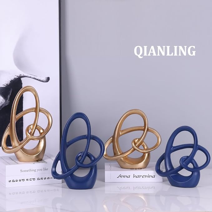 QIANLING Gold Knot Statue Decor - Modern Sculptures Home Decor, Resin Abstract Decor Art Accent,Blue Centerpieces for Living Room, Bedroom, Bathroom, Office, Shelf, Mantel - Wedding, Coffee Table