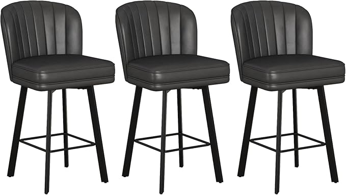 Swivel Counter Height Bar Stools Set of 3, 26'' Modern Barstools with Backs and Metal Legs, Upholstered Bar Chairs, Faux Leather Black Stools for Kitchen Island Chairs