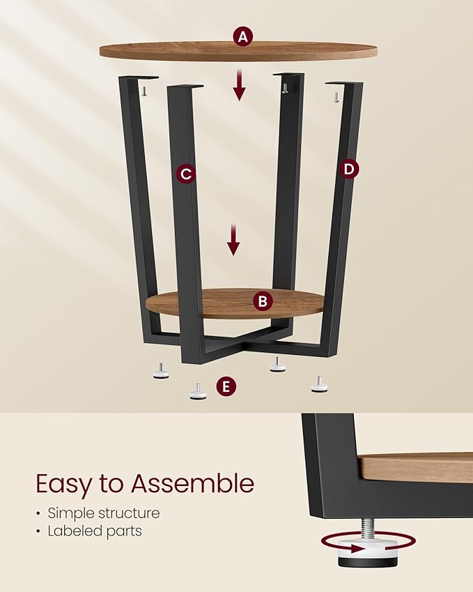 VASAGLE Round Side End Table, 2-Tier Accent Bedside Table with Storage Shelf, Easy Assembly, Nightstand for Small Spaces, Living Room, Bedroom, Honey Brown and Ink Black ULET057KB01S