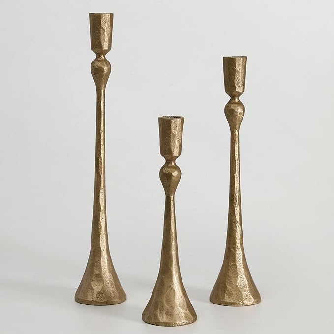 Vintage Cast Iron Taper Candle Holder - Set of 3 Decorative Candle Stand, Candlestick Holder for Wedding, Dinning, Party (Antique Brass)