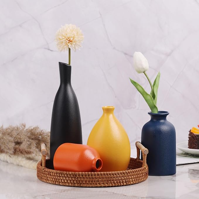 Colorful Ceramic Bud Vases Set of 4 - Modern Yellow, Orange, Blue Small Vases for Home Decor - Ideal for Living Room, Kitchen, Office, Bathroom, Mantle, Entrance, Farmhouse & Coffee Table Decorations