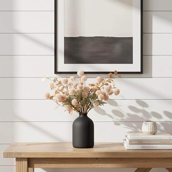 Beige Fake Flowers Silk 10 Stems With Eucalyptus, Faux Flowers For Vase, Artificial Mums Long Stem, Mini Faux Mums Flower Bulk, Tan Nude Cream Neutral Floral, Chrysanthemum Pom Pom Floral Arrangements