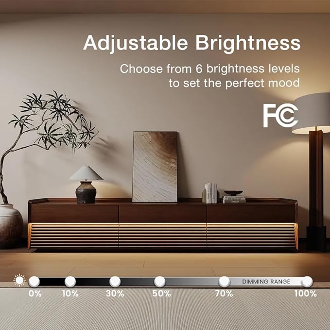 POVISON Fully-Assembled Mid Century Modern TV Stand, 94.49" Wood Media Console with Adjustable LED Light, Entertainment Center with Storage for Living Room