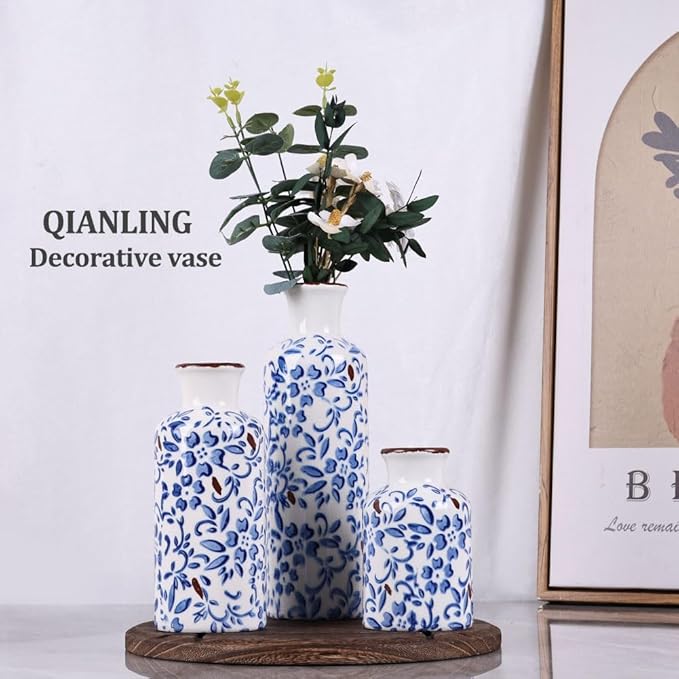 Chinoiserie Decor Ceramic Vases Set - 3 Blue and White Vase, Chinoiserie Vase Farmhouse Country, Flower Vases Home Decor, Living Room Decoration, Entrance, Fireplace, Table Decoration, Centerpieces