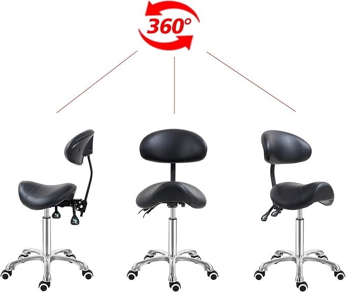 Antlu Saddle Stool Chair with Back Support, Ergonomic Esthetician Stool Chair for Salon Tattoo Spa Medical Dentist Clinic (with Backrest, Black)