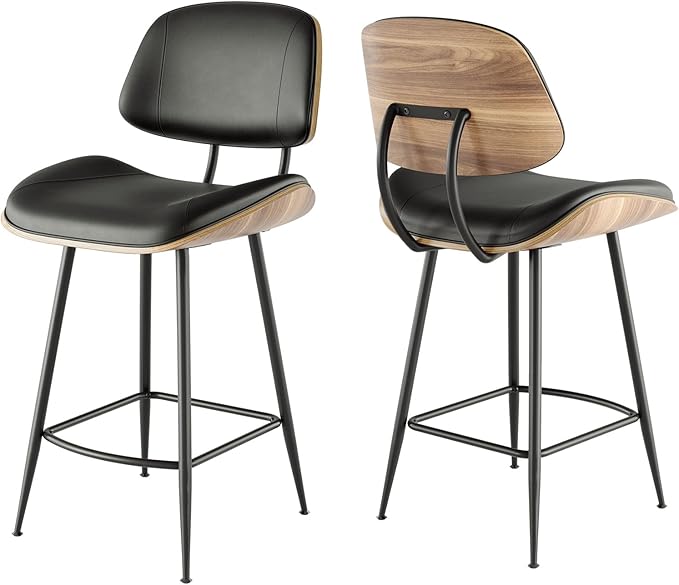 Mid Century Modern Bar Stools Set of 2, PU Leather Counter Height Stools with Walnut Bentwood Back & Metal Legs, 26.7" Barstools Kitchen Island Chairs with Footrest for Home Bars, Black