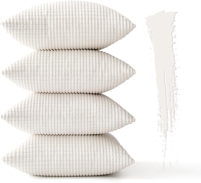 MIULEE Boho Farmhouse Throw Pillow Covers 18x18 Inch Set of 4 Soft Neutral Pillow Covers Cream White Corduroy Couch Pillowcases Home Decor for Sofa Living Room Bed