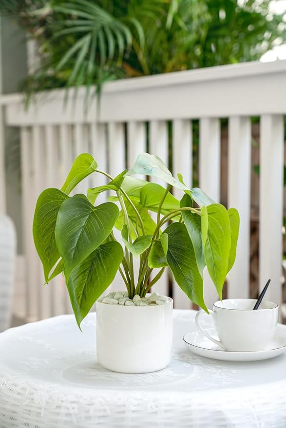 Mkono Fake Plants in Ceramic Pot, 11" Potted Artificial Plants for Home Decor Indoor Faux Green Leaf Plant with Modern White Planter for Desk Shelf Office Room Decoration (Pothos)