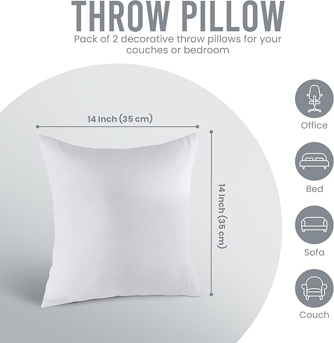 Utopia Bedding Throw Pillows Insert (Pack of 2, White) - 14 x 14 Inches Bed and Couch Pillows - Indoor Decorative Pillow