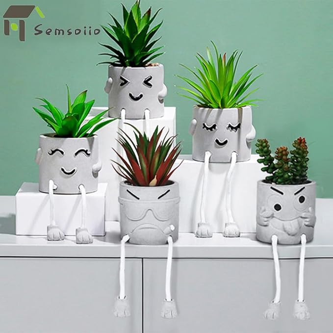 2PCS Artificial Mini Succulent Plants, Cute Fake Plant Faux Succulents in Grey Pots, Artificial Plants with Hanging Leg Potted for Home Office Desk Shelf Bathroom Decor