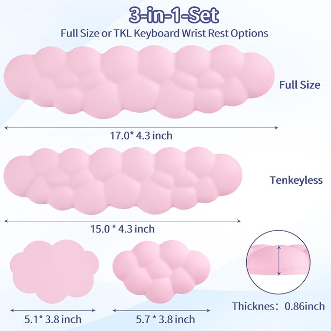 Cloud Wrist Rest Keyboard, Cloud Keyboard Wrist Pad Set with PU Leather Memory Foam, Cute Arm Rest for Palm Support, PC/Gaming Desk Accessories/Office Setup/Computer Hand Cushion - Pink