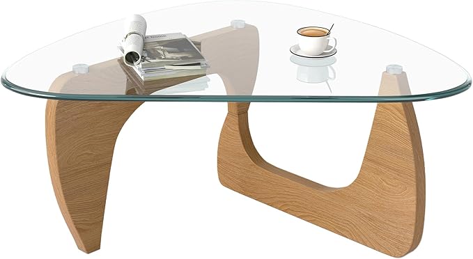 Modern Glass Coffee Table, Triangle Center Table with Tempered Glass Top& Unique Wooden Base, 42.5” Mid Century Tea Tables for Living Room, Apartment, Office,Wood &Transparent
