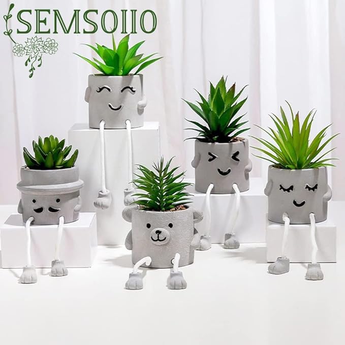 Set of 3 Artificial Succulent Plants, Fake Plant Office Decor with Gray Flower Pots, Small Faux Plants Indoor Mini Potted Succulents for Desk Shelf Bathroom Home Decor
