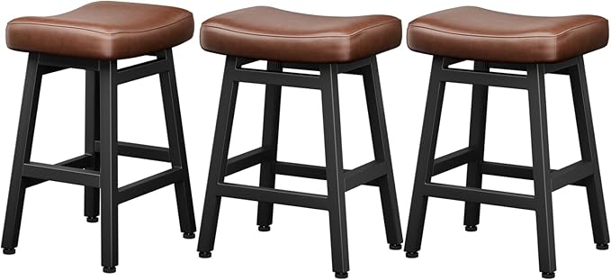 Counter Height Bar Stools Set of 3, 24 Inch Barstools for Kitchen Counter, Kitchen Stools with Bonded Leather Saddle Seats & Heavy Duty Metal Legs, Easy Assembly, Brown/Black