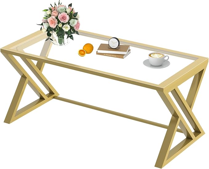 Coffee Table Gold Glass Coffee Table for Living Room,Modern Rectangular Center Table with Sturdy Metal Frame,Tempered Glass Table Tea Tables for Bedroom Home Office