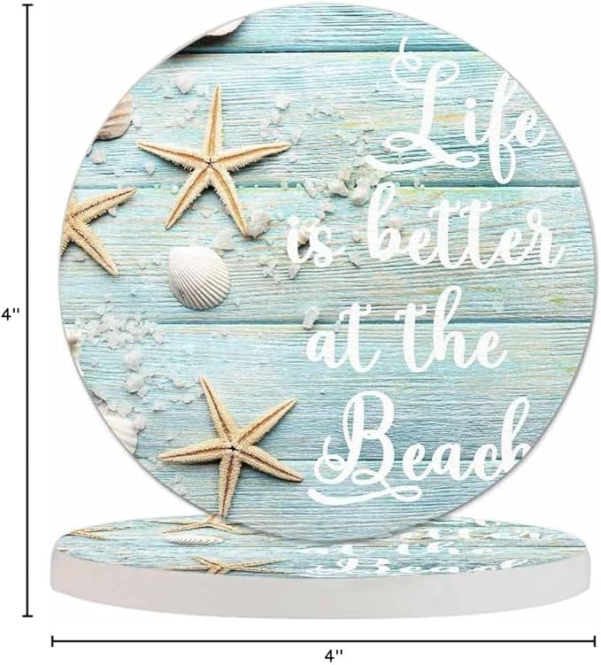 Life is Better at The Beach Drink Coaster for Tabletop Protection Summer Sand Sea Shells Starfishes Non-Slip Cups Place Mats Home Decor Diatomite Material for Men Women