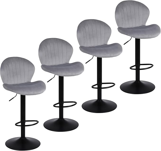 Modern Bar Stools Set of 4, Velvet Height Adjustable Swivel Barstools, Armless Kitchen Island Counter Chairs with Back & Footrest, Grey