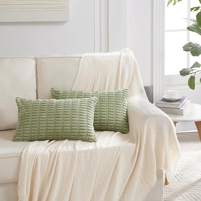 Fancy Homi 4 Packs Sage Green Decorative Throw Pillow Covers 14x24 Inch for Living Room Couch Bed Sofa, Rustic Farmhouse Boho Home Decor Soft Plush Striped Corduroy Square Cushion Case 35x60 cm