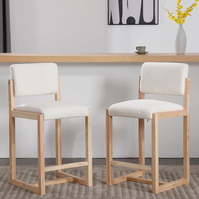 Mid-Century Bar Stools Set of 2, 26 Inch Modern Counter stools Sherpa Fabric Bar Chairs with Backrest Wooden Frame for Kitchen Island Dining Room, White