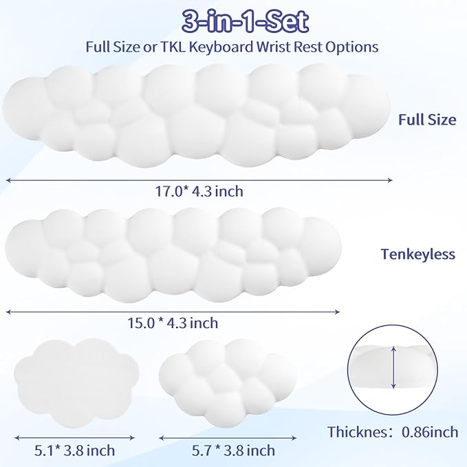 Cloud Wrist Rest Keyboard, Cloud Keyboard Wrist Pad Set with PU Leather Memory Foam, Cute Arm Rest for Palm Support, PC/Gaming Desk Accessories/Office Setup/Computer Hand Cushion - White