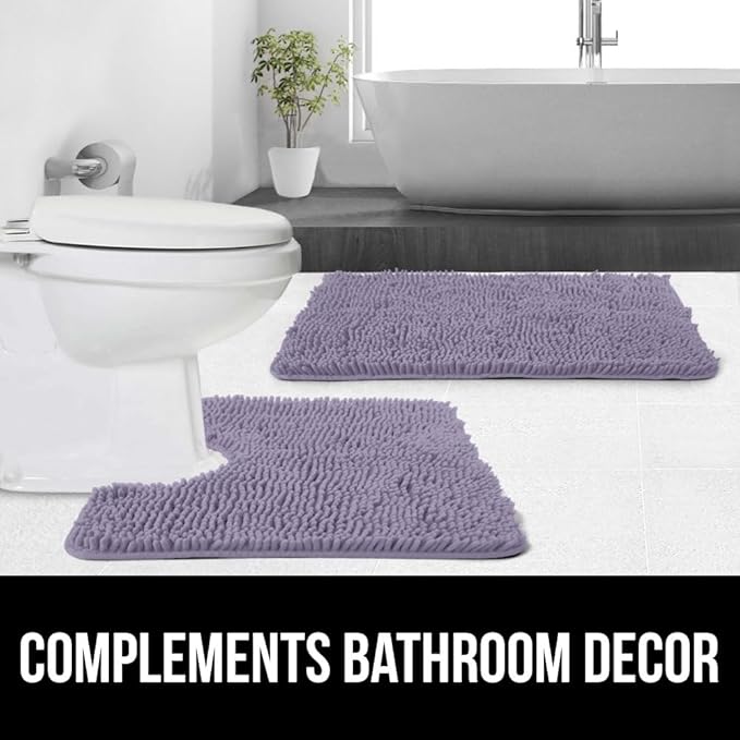 GORILLA GRIP Plush Absorbent Shaggy Chenille Bath Rug Mat for Square Toilet Base with Rubber Backing, Machine Washable Rugs, Soft Microfiber Contour Mats for Toilets, Bathroom Decor, Lt Purple