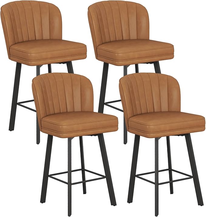 Swivel Counter Height Bar Stools Set of 4, 26'' Modern Barstools with Backs and Metal Legs, Upholstered Bar Chairs, Faux Leather Whiskey Brown Stools for Kitchen Island Chairs