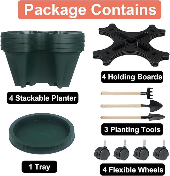 Vertical Planter 4 Tier Stackable Planters Garden Planters Strawberry Herb Flower and Vegetable Planter Indoor Outdoor Gardening Pots with Removable Wheels and Tools 2-Pack