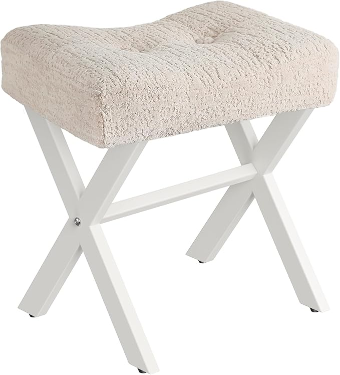 18-Inch Vanity Stool Chair, Vanity Bench with Metal X-Legs, Ottoman Accent Stool with Breathable and Soft Boucle Fabric Saddle Seat, Beige