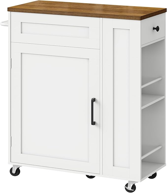 Kitchen Island Cart with Storage, Kitchen Cabinet, Mobile Kitchen Island, Storage Trolley for Kitchen with Hidden Trash Bin Cabinet, for Dining Room, White and Walnut MZD06WL
