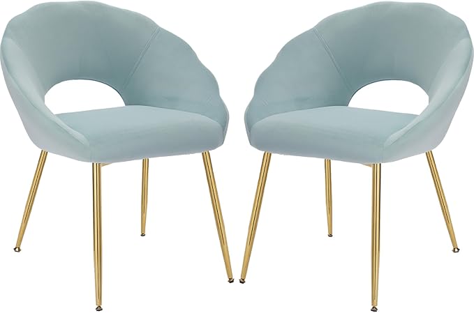 Modern Small Accent Chair Set of 2, Comfy Velvet Vanity Chair with Shell Back & Golden Metal Legs, Decorative Chair no Wheels for Living Room, Makeup Room, Bedroom, Green