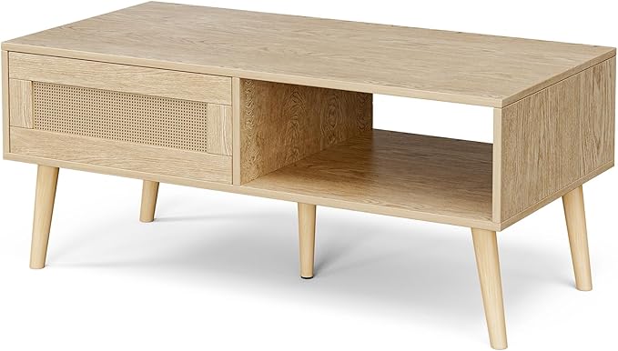 Wood Coffee Table with Storage, Boho Dining Table with Sliding Rattan Door Panel and Solid Wood Legs, Small Coffee Tables for Living Room, Oak (Oak_LSJ008)