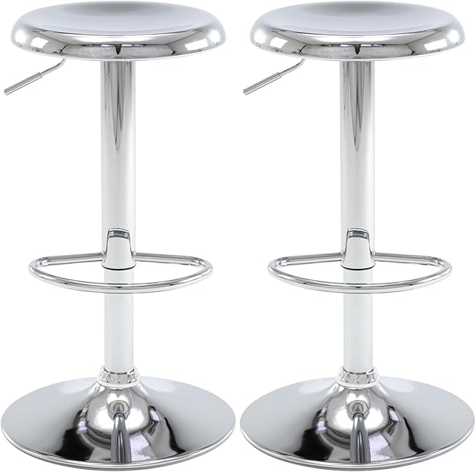 Bar Stools Set of 2, Adjustable Height Swivel Bar Stools, Metal Airlift Barstools, Backless Counter Height Bar Chairs for Kitchen Dining Room Pub Cafe (Silver)