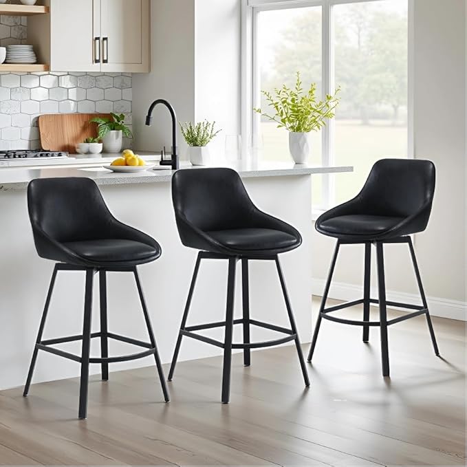 Zesthouse Swivel Counter Height Stools Set of 4, Modern Upholstered Barstools with Backs, 26'' Faux Leather High Chairs for Island Kitchen, Counter Height Chairs with Metal Legs, Black