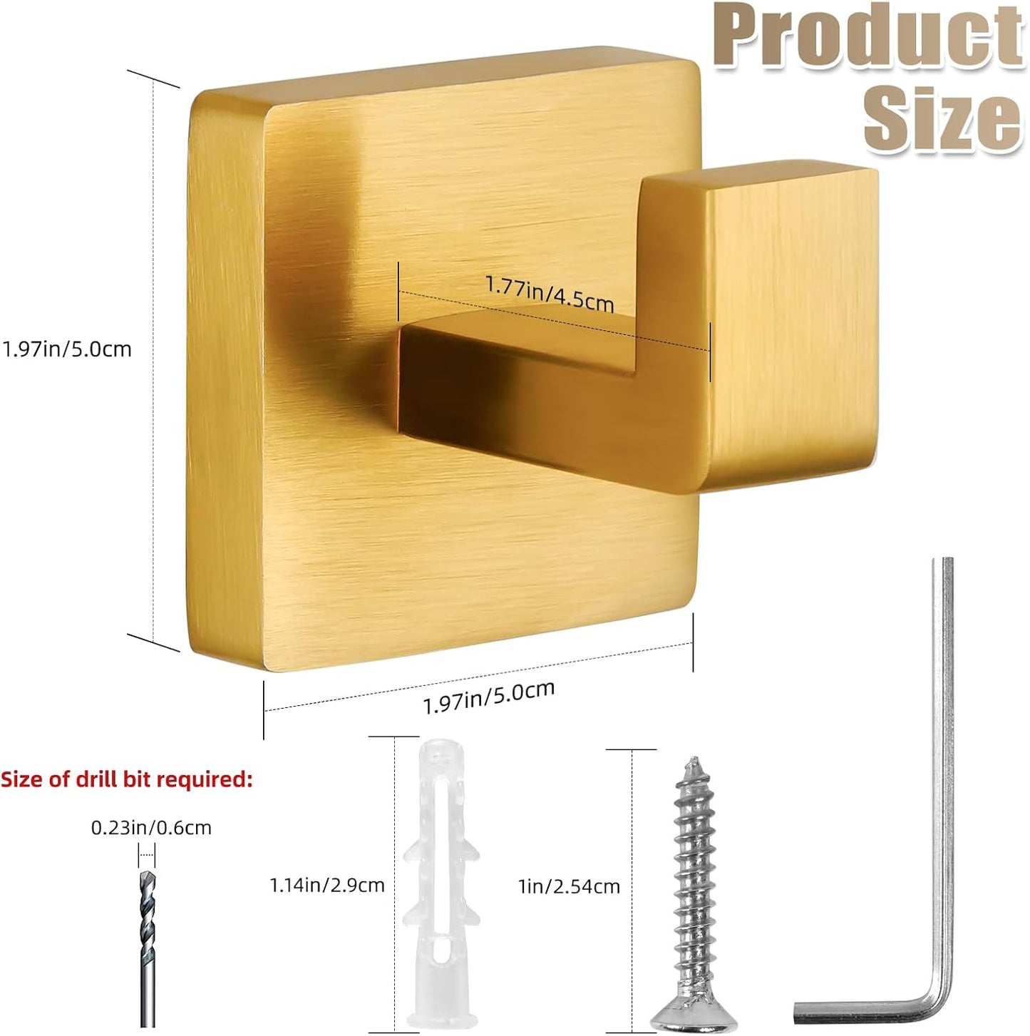 Towel Hooks for Bathrooms Robe Hook Coat Hook 4 Pack Brushed Gold Stainless Steel Heavy Duty Wall Mounted Square Hooks for Bathroom Kitchen Bedroom