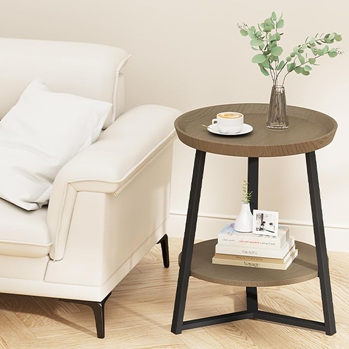 Gadroad Round End Table with Storage Shelf, 2 Tier Farmhouse Side Table Nightstand for Living Room, Bedroom, Wood Tabletop & Black Metal Frame, Walnut Color 15.7 * 15.7 * 23.0inches