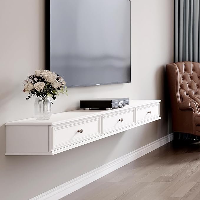 70-inch Wall-Mounted TV Stand, Accommodates 50- to 75-inch TVs, Features Hidden Cable Management, high Weight Capacity, Space-Saving White Floating TV Stand