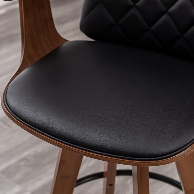 Counter Stools Set of 2, Upholstered Faux Leather Counter Height Bar Stools, Swivel Counter Chairs with Wooden Arms and Legs (Black, 26" Seat Height)