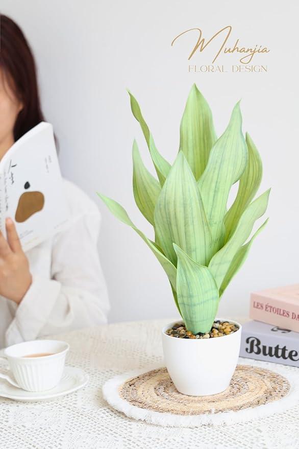 17" Artificial Snake Plant Potted,Fake Sansevieria Floor Plant Real Looking with White Planter for Centerpiece Home Decor (White&Green)