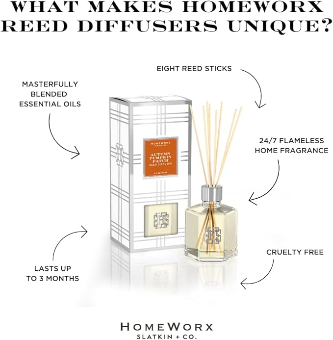 HomeWorx Reed Diffuser Set, Autumn Pumpkin Patch - Scented Oil Reed Stick Diffuser (Heirloom Pumpkin, Fresh Ginger, Red Apple & Cinnamon Sugar) - Long-Lasting Scent Fragrance Oil